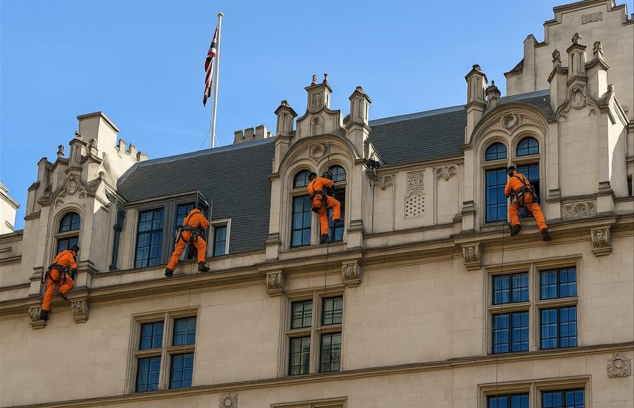 Rope access technicians positioned across a commercial façade