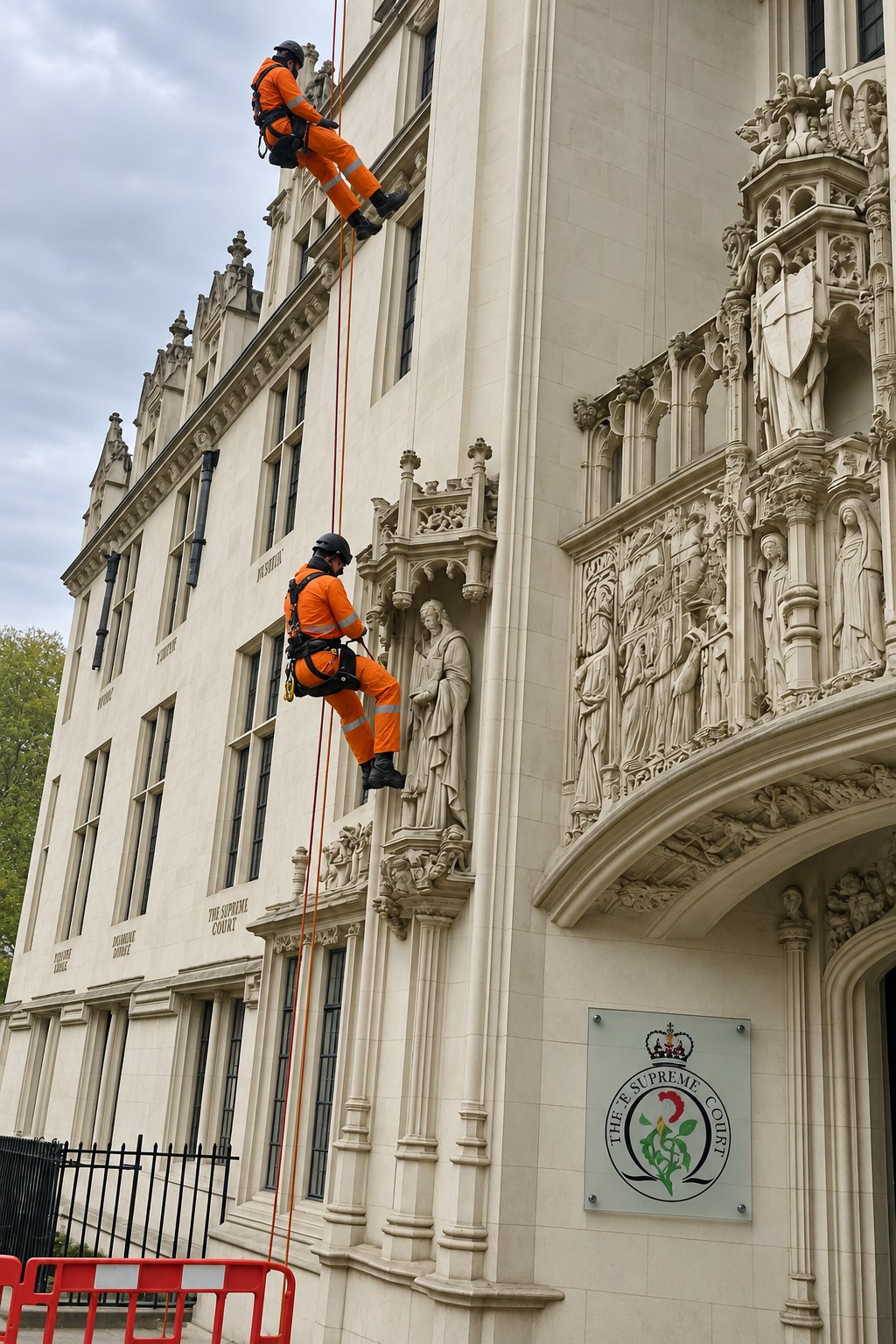 Two CCS rope access technicians beside carved architectural stonework on the UK Supreme Court facade in London